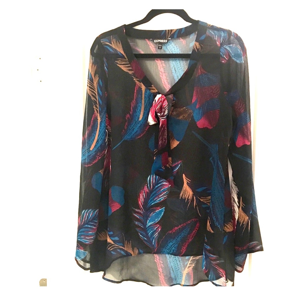 Express feather print tie-neck sheer blouse, M